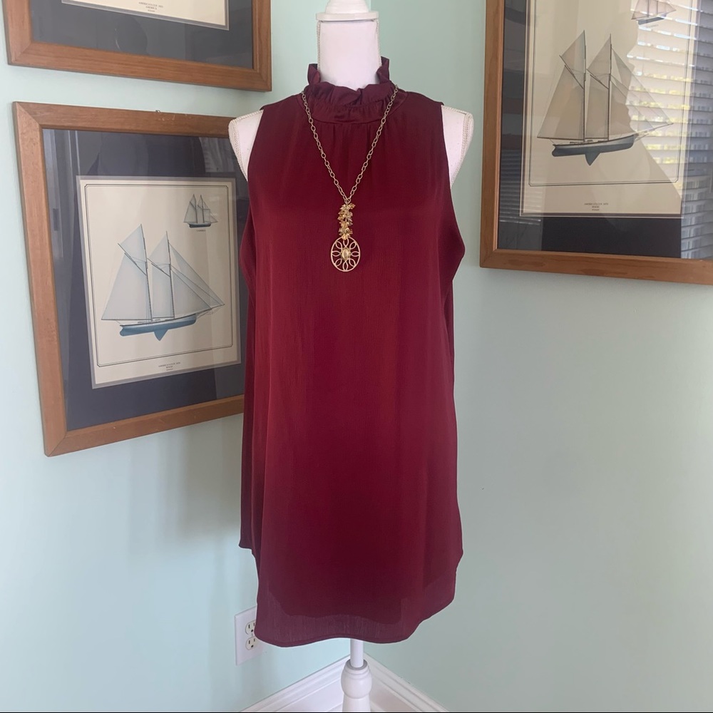 NWT Tyche Burgandy Silky Ruffle Neck Sleeveless Dress Large L